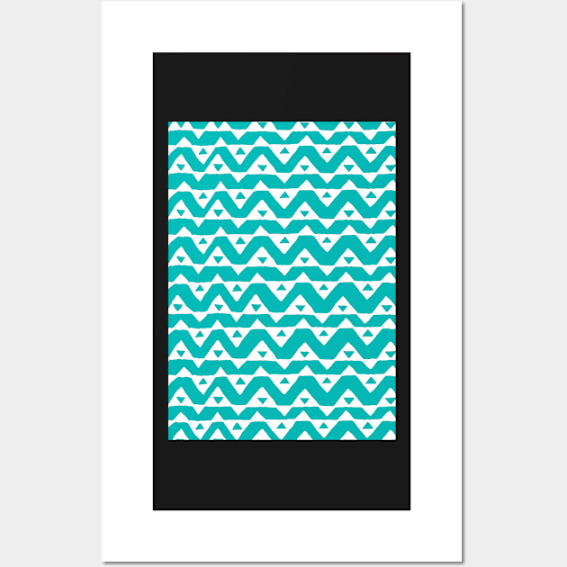 Teal Blue White Triangle Chevron Pattern Wall Art by dreamingmind